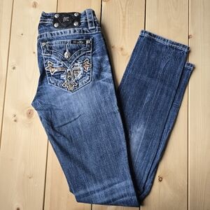 Miss Me Mid Rise Straight Embellished Pocket Stretch Denim Jeans Size 27X33